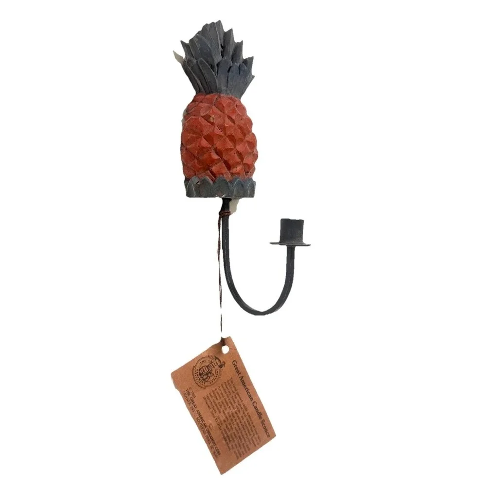 Vintage Great American Pineapple Candle Sconce Hand Carved Wood Wrought Iron